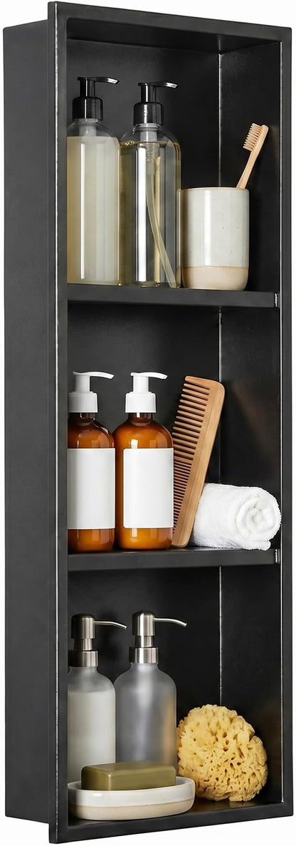 304 Stainless Steel Shower Niche 12” x 36” for Bathroom Storage | Matte Black Recessed Shower Niche No Tile Needed with 3-Tier Shelves