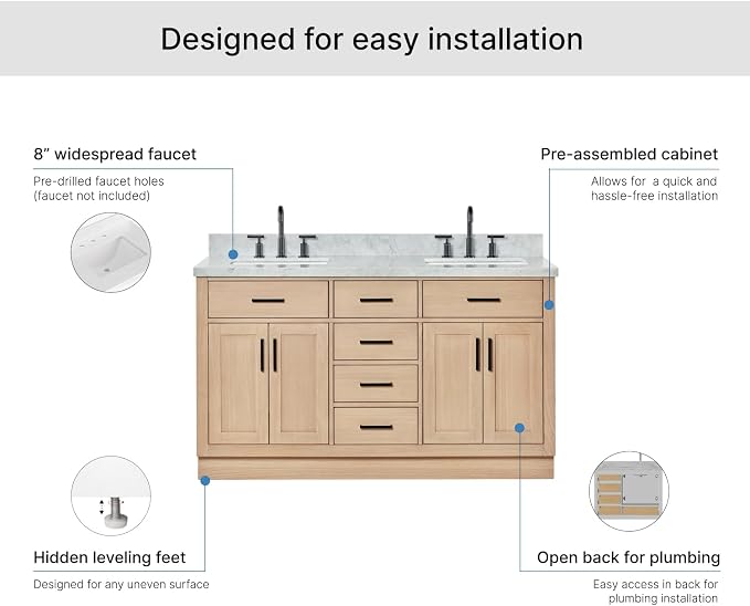 ARIEL Hepburn 60-inch Bathroom Vanity with Sink,Solid Wood, 1.5-inch Italian Carrara Marble Countertop, Double Rectangular Porcelain Sink, 4 Soft Closing Doors, 6 Dovetail Drawers, White Oak