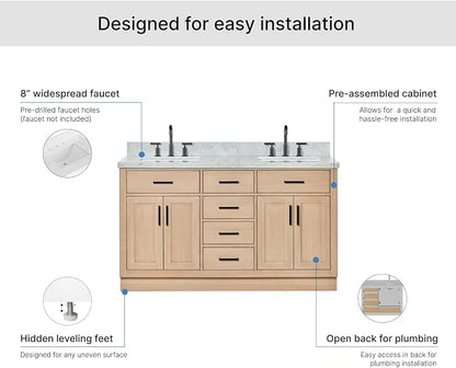 ARIEL Hepburn 60-inch Bathroom Vanity with Sink,Solid Wood, 1.5-inch Italian Carrara Marble Countertop, Double Rectangular Porcelain Sink, 4 Soft Closing Doors, 6 Dovetail Drawers, White Oak