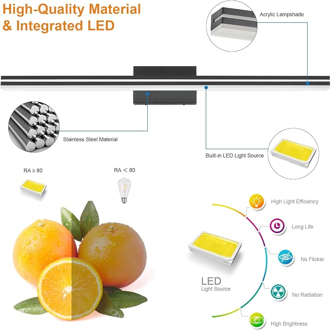 SineRise 48-Inch LED Modern Bathroom Vanity Light Bar, Matte Black Modern Acrylic Bathroom Wall Lighting Fixtures Over Mirror (Cool White 6000K)