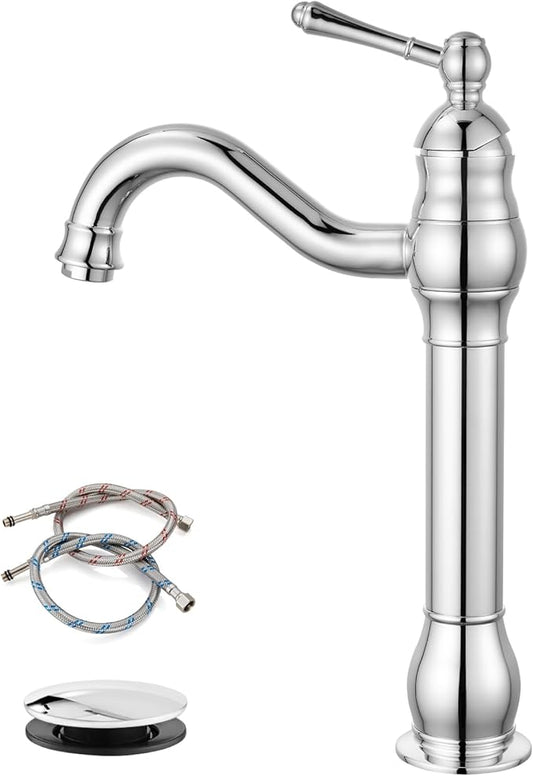 gotonovo Vessel Sink Faucet 360° Swivel Spout Single Handle Tall Bathroom Faucet 1 Hole Farmhouse Lavatory Washbasin Mixer Tap Matching Supply Hoses, with Pop Up Drain, Polish Chrome