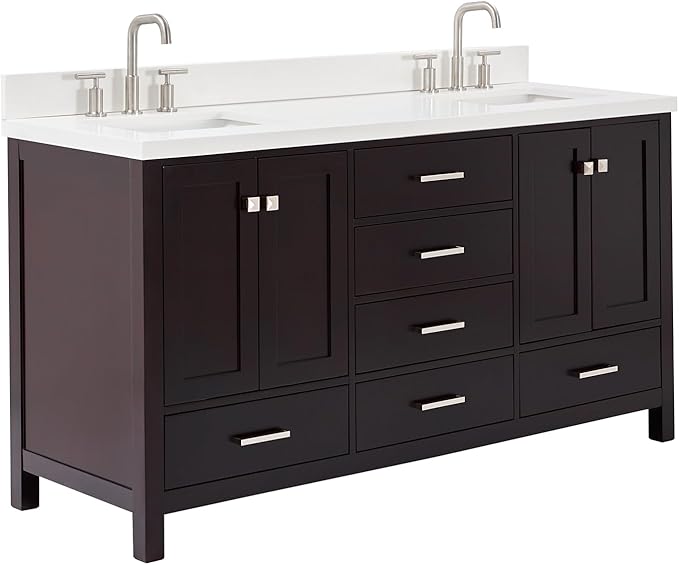 ARIEL Cambridge 66-inch Bathroom Vanity with Sink,Solid Wood, 1.5-inch Pure White Quartz Countertop, Double Rectangular Porcelain Sink, 4 Soft Closing Doors, 6 Dovetail Drawers, Espresso