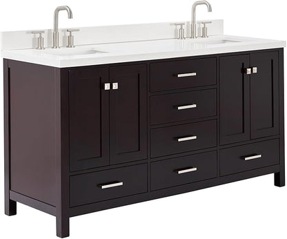 ARIEL Cambridge 66-inch Bathroom Vanity with Sink,Solid Wood, 1.5-inch Pure White Quartz Countertop, Double Rectangular Porcelain Sink, 4 Soft Closing Doors, 6 Dovetail Drawers, Espresso