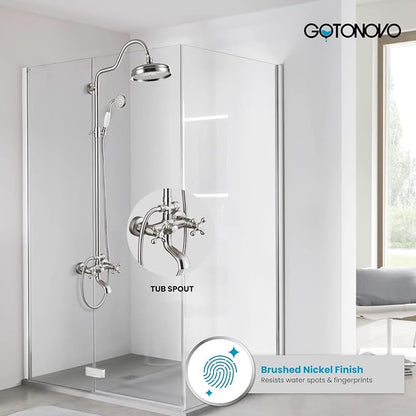 gotonovo Exposed Bathroom Shower System Two Cross Handle Brushed Nickel | Vintage Brass Tub Shower Faucet Set,8’’ Rain Head with Handheld Spray,Swivel Tub Spout,6’’ Hole Distance,Adjustable Height