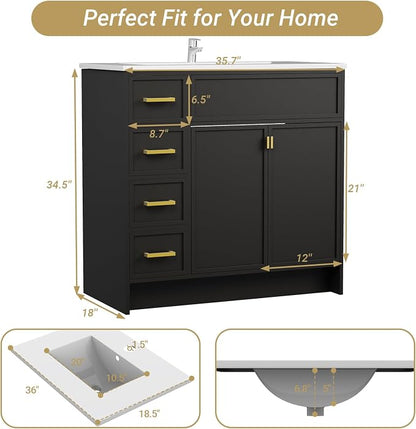 36 Inch Freestanding Bathroom Vanity with Sink, Shaker Style Black Cabinet with 4 Drawers & Double Doors, Waterproof Lacquer Finish, Multi-Drawer Storage for Master Bathroom