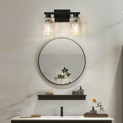 2 Light Matte Black Bathroom Vanity Light Over Mirror, Modern Vanity Lighting with Crystal Glass Shade, Wall Mount Bathroom Light Fixtures, E26 Base