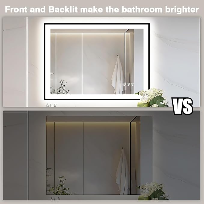 EchosLife 44x36 LED Light Mirror for Bathroom - Black Framed Mirror | Black Frame, Front and Backlit, Anti-Fog, Stepless Dimmable, 3 Colors, Memory, Tempered Glass, UL Listed, Horizontal/Vertical