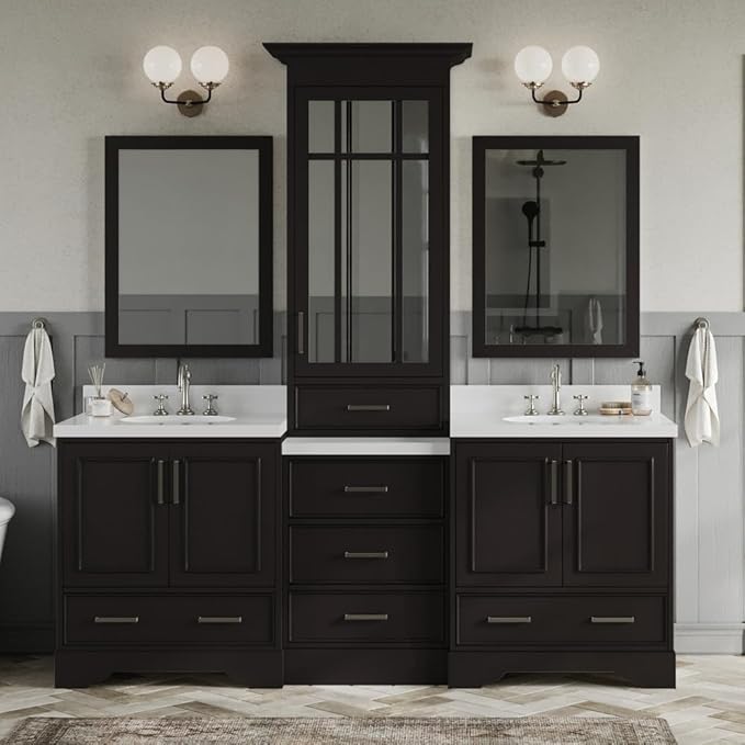 ARIEL Stafford 84-inch Bathroom Vanity with Sink,Solid Wood, 1.5-inch Pure White Quartz Countertop & Backsplash, Double Oval Porcelain Sink, 5 Soft Closing Doors, 6 Dovetail Drawers, Espresso