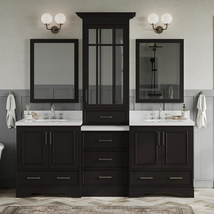 ARIEL Stafford 84-inch Bathroom Vanity with Sink,Solid Wood, 1.5-inch Pure White Quartz Countertop & Backsplash, Double Oval Porcelain Sink, 5 Soft Closing Doors, 6 Dovetail Drawers, Espresso