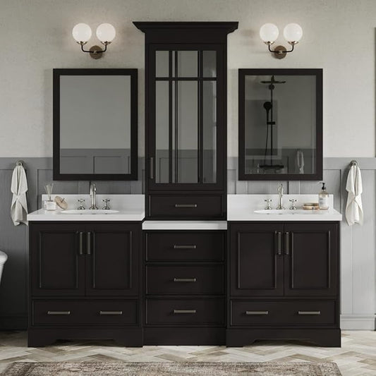 ARIEL Stafford 84-inch Bathroom Vanity with Sink,Solid Wood, 1.5-inch Pure White Quartz Countertop & Backsplash, Double Oval Porcelain Sink, 5 Soft Closing Doors, 6 Dovetail Drawers, Espresso