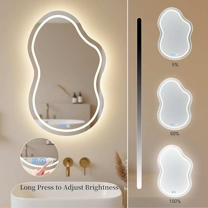 Irregular Wall Mirror 24 x 36 Inch, Lighted Mirrors for Bathroom Wall, Asymmetrical LED Mirror for Bathroom with Anit-Fog, Dimmable, Memory Function (Horizontal/Vertical)