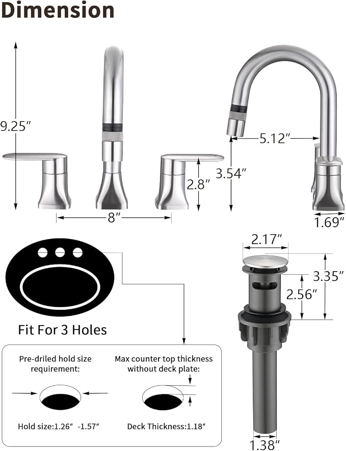 Bathroom Faucet 3 Hole with Pull Out Sprayer, 8 Inch Widespread Bathroom Faucet, Magnetic Pull Out Faucet for Easy to Use, Brushed Nickel (with Pop-up Drain)