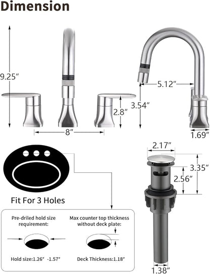 Bathroom Faucet 3 Hole with Pull Out Sprayer, 8 Inch Widespread Bathroom Faucet, Magnetic Pull Out Faucet for Easy to Use, Brushed Nickel (with Pop-up Drain)