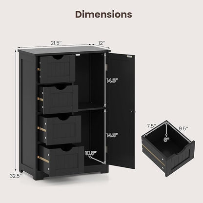 Giantex Bathroom Storage Cabinet with Drawers - 4 Drawer Storage Organizer w/Cupboard, Adjustable Shelf, Anti-Toppling Device, Entryway Storage Unit Console Table, Bathroom Floor Cabinet (Black)