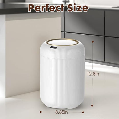 Procade Motion Sensor Trash Can with Lid,Small Automatic Trashcan Bathroom | 3 Gallon Touchless Sensor Trash Bin,White and Gold Garbage Can,Electric Round Plastic Waste Basket for Bedroom,Office,Dorm,RV