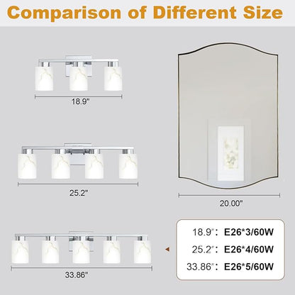 4-Light Bathroom Light Fixtures, Modern Vanity Lights, Chrome Metal Wall Lamp with White Marble Glass for Bathroom, Mirror, Living Room, Bedroom, Cabinet, Porch, Hallway, E26 Base