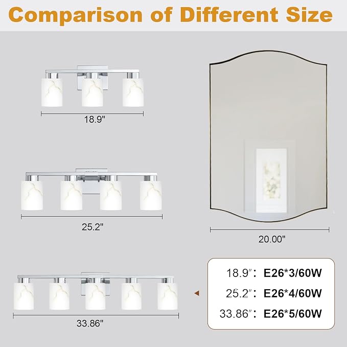 5-Light Bathroom Light Fixtures, Modern Vanity Lights, Chrome Metal Wall Lamp with White Marble Glass for Bathroom, Mirror, Living Room, Bedroom, Cabinet, Porch, Hallway, E26 Base
