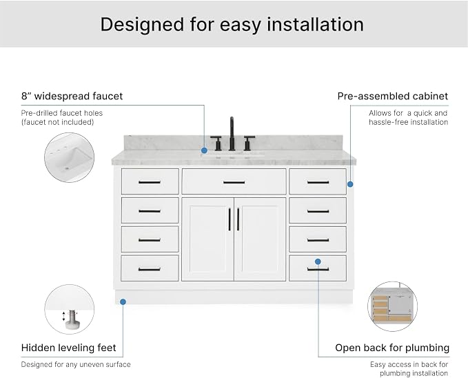 ARIEL Hepburn 60-inch Bathroom Vanity with Sink,Solid Wood, 1.5-inch Italian Carrara Marble Countertop, Single Rectangular Porcelain Sink, 2 Soft Closing Doors, 9 Dovetail Drawers, White