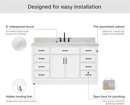 ARIEL Hepburn 60-inch Bathroom Vanity with Sink,Solid Wood, 1.5-inch Italian Carrara Marble Countertop, Single Rectangular Porcelain Sink, 2 Soft Closing Doors, 9 Dovetail Drawers, White
