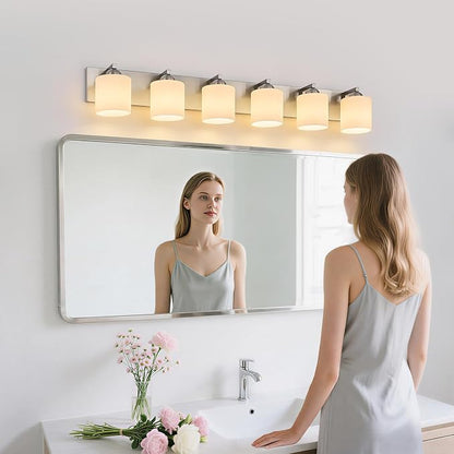 mirrea 6-Light Brushed Nickel Bathroom Vanity Light with White Glass Shades | Over Mirror,Wall Sconce,ETL listed,Bathroom Lighting Fixtures,Elegant Design,Milk White Glass Shade,Easy Installation