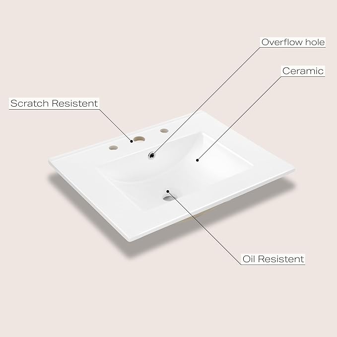 JONATHAN Y SNK1001A Ancillary 3-Hole 24 in. W x 18.25 in. D Classic Contemporary Rectangular Ceramic Single Sink Basin Vanity Top, White