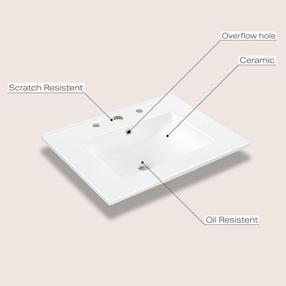 JONATHAN Y SNK1001A Ancillary 3-Hole 24 in. W x 18.25 in. D Classic Contemporary Rectangular Ceramic Single Sink Basin Vanity Top, White