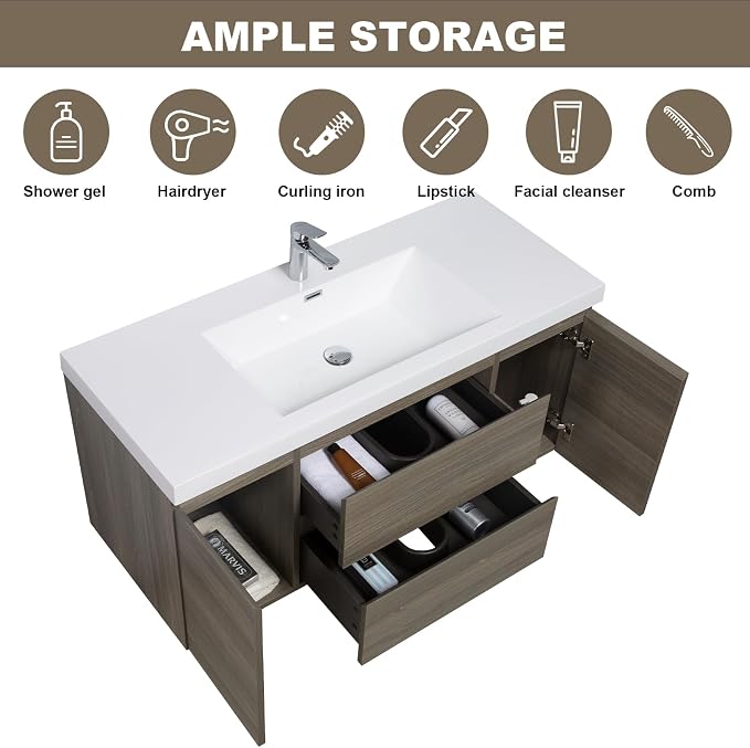 Pre-Assembled 48" Floating Bathroom Vanity with Sink, Ash Grey | Wall-Mounted Bathroom Vanity with Solid Surface Top Basin, 2 Soft Close Drawers and 2 Doors, Easy to Install & Clean