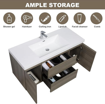 Pre-Assembled 48" Floating Bathroom Vanity with Sink, Ash Grey | Wall-Mounted Bathroom Vanity with Solid Surface Top Basin, 2 Soft Close Drawers and 2 Doors, Easy to Install & Clean