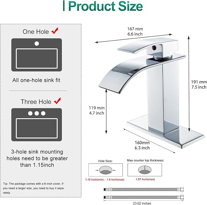 VOTON Chrome Bathroom Faucets Modern Single Handle Waterfall Sink Faucet for 1 or 3 Holes with Deck Plate, Rv Sink Camper Farmhouse Bathroom Utility Remodel Faucet