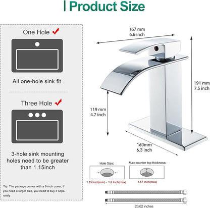 VOTON Chrome Bathroom Faucets Modern Single Handle Waterfall Sink Faucet for 1 or 3 Holes with Deck Plate, Rv Sink Camper Farmhouse Bathroom Utility Remodel Faucet