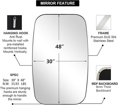 Chrome Oblong Mirror, 30x48 Inch Polished Chrome Oval Mirror for Bathroom with Stainless Steel Metal Frame, Wall Mouned for Bathroom, Living Room, Entryway