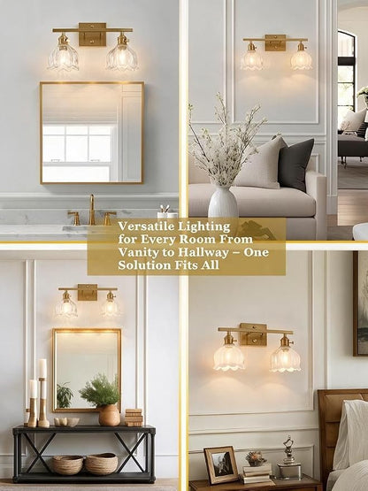 3-Light Vintage Bathroom Vanity Light, 19.4" Brass Hardwired Wall Sconce with Amber Tulip Glass Shades, Brushed Gold Vanity Light for Mirror, Restroom, Bedroom (Clear, 2-Light)