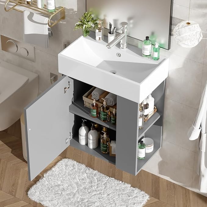 22" Small Bathroom Vanity with Sink, Floating Vanity for Bathrooms with Soft-Close Door and Open Shelf, Wall Mounted Narrow Bathroom Vanities for Compact Bathrooms (Gray,22" Floating Right Shelf)