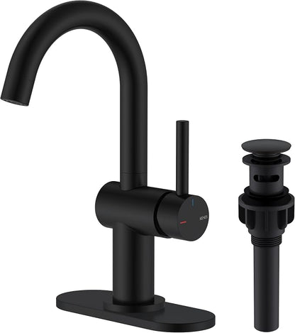 Matte Black Bathroom Faucet Single Handle, Single Hole Vanity Faucet | Bathroom Sink Faucet with Pop Up Drain & 6 Inch Deck Plate, Lead-Free cUPC & NSF Certified, 1 Handle Faucet for Vanity RV Bar