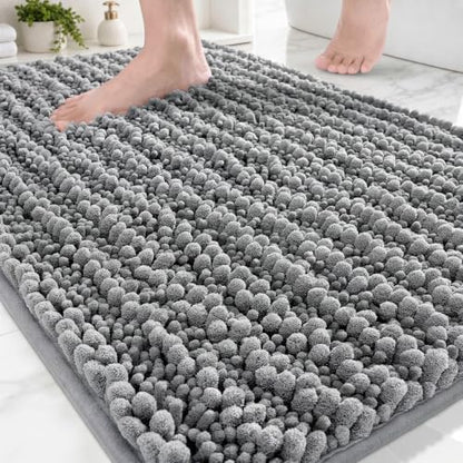 Disolla Grey Bathroom Rug 20x32 Inch - Luxury Chenille Bath Mat, Thick Shaggy Plush Absorbent Rug, Non-Slip Machine Washable Mats for Bathroom Floor & Decor