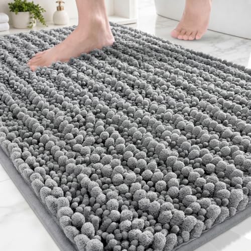 Disolla Small Bath Mat 17x24 Inch - Chenille Grey Bathroom Rug, Extra Soft Absorbent Plush Shaggy Bathmat, Non-Slip Machine Washable Floor Mat for Shower, Tub and Sink