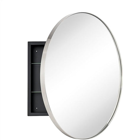 Surface Mount Brushed Nickel Round CircleBathroom Medicine Cabinet with Mirror Circlular Shaped Stainless Steel Metal Framed Medicine Cabinets Bathroom Cabinet with Mirror 24'' Diameter