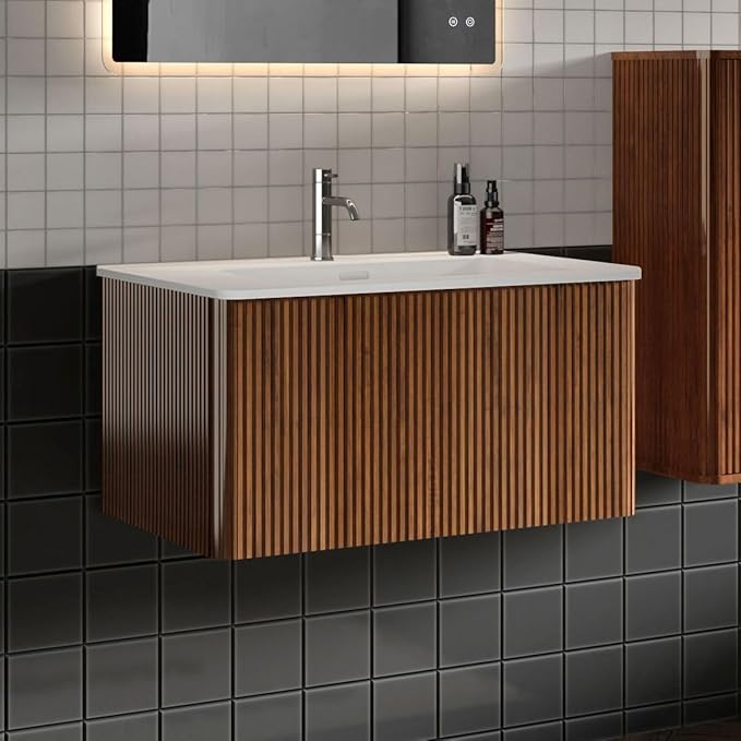 30" Bathroom Vanity with Sink, Modern Floating Vanity with Push Open Soft Close Drawer, Large Storage for Small Space, Walnut, Fully Assembled - Camellia Collection