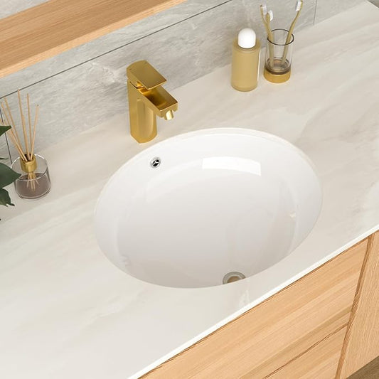 Undermount Bathroom Sink 19x16 Inch White Porcelain Ceramic Lavatory Vanity Sink with Overflow, Under Counter Bathroom Sink, Oval Undermount Vessel Sink for Bathroom