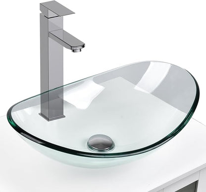 48 Inch Bathroom Vanity with Sink, Traditional Freestanding Black Bathroom Vanity Cabinet, Pedestal Cabinet with Two Boat Clear Glass Vessel Sinks
