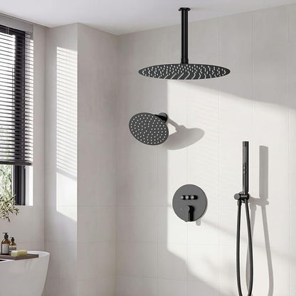 Shower Systems Round Shower Faucet Sets,12+6" Dual Rainfall Shower head with 2 in 1 Handheld Spray, Ceiling Mount Push Button Shower Set with Valve and Trim Kit Matte Black,Can Use All at Once