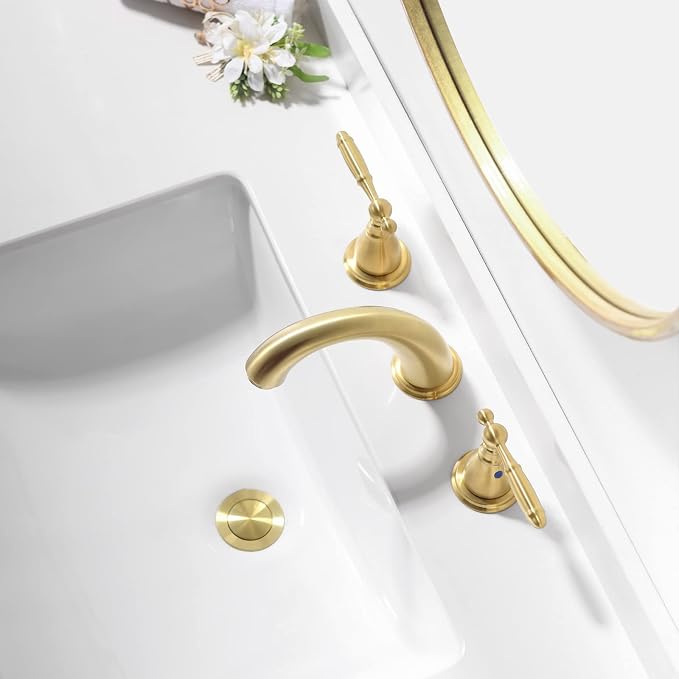 Widespread Brushed Gold 8 Inch 3 Hole 2-Handle Bathroom Faucet with Metal Pop-Up Drain Assembly, Low Arc Bathroom Sink Faucet, WF008-4-BG