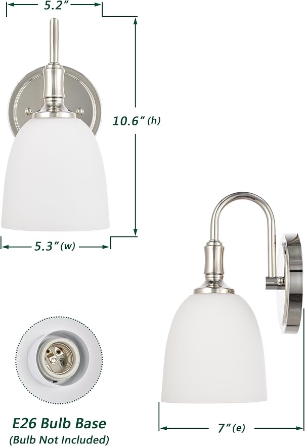 Vintage Traditional 1-Light Indoor Wall Sconce with Frosted Glass Bathroom Bedroom Hallway, 10.6" H x 5.3" W, Polished Nickel
