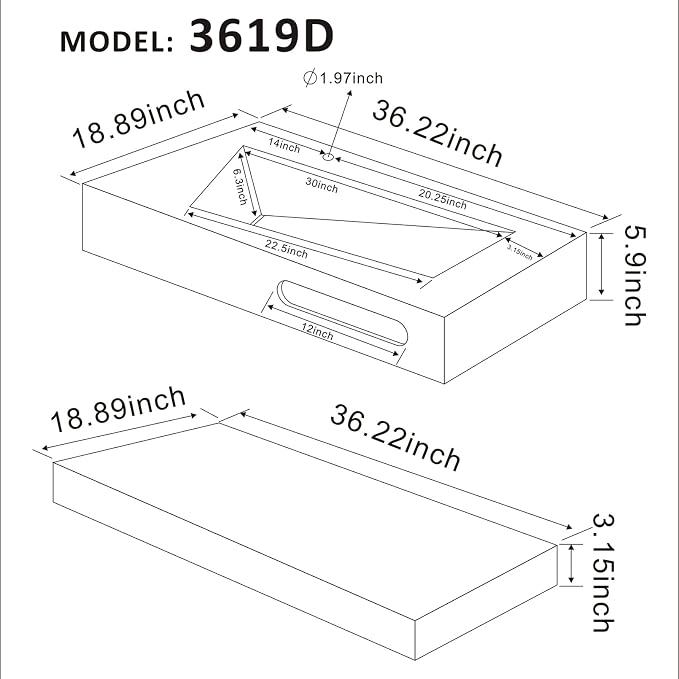 36"x19" Wall Mount Bathroom Vanity with Sink Stone Resin Floating Vanity Sink Rectangular Vessel Sinks for Bathroom White Trough with Shelf Layer (Mirror Not Included)