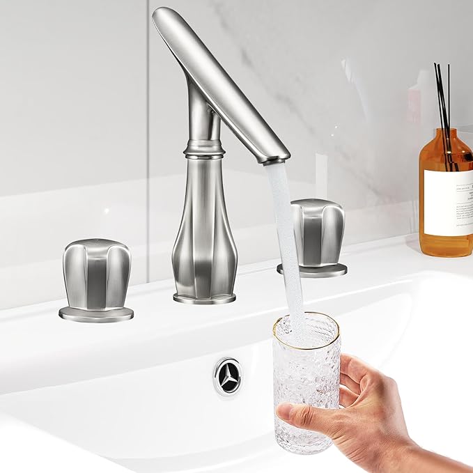 Bathroom Faucets for Sink 3 Hole, 8 Inch Widespread Bathroom Faucet Brushed Nickel, Solid Brass Modern Vanity Faucet with Adjustable Spout 2 Handles and Supply Hoses