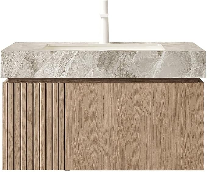 KEIKI 30 Inch Floating Bathroom Vanity with Sink, Light Brown & Grey | Modern Wall Mounted Storage Cabinet w/ Drawer & Door, Pre-assembled Wood Panels, Sintered Stone Top & Ceramic Basin Combo Set