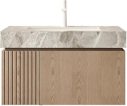 KEIKI 30 Inch Floating Bathroom Vanity with Sink, Light Brown & Grey | Modern Wall Mounted Storage Cabinet w/ Drawer & Door, Pre-assembled Wood Panels, Sintered Stone Top & Ceramic Basin Combo Set