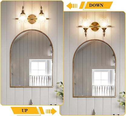 Brass Vanity Light, Vintage Brushed Gold Bathroom Light Fixtures, 2 Light Bathroom Vanity Lights, Flower Glass Shade Wall Sconce Lighting