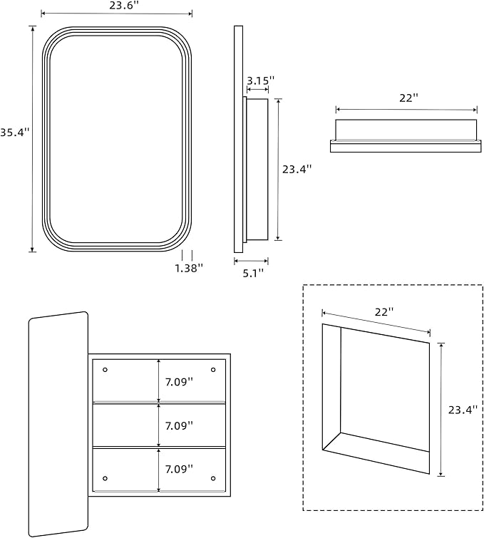Casaphoria 36" H x 24" W Bathroom Medicine Cabinet with Mirror, Metal Frame Wall Medicine Cabinets Mirrors, Wall Mirror Cabinets, Black