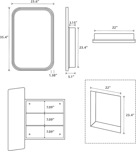 Casaphoria 36" H x 24" W Bathroom Medicine Cabinet with Mirror, Metal Frame Wall Medicine Cabinets Mirrors, Wall Mirror Cabinets, Black